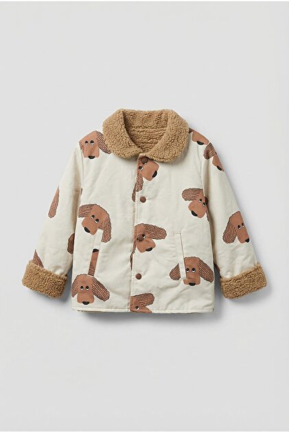 Unisex Children's Cotton Cream Dog Patterned Plush Collar Detailed Jacket