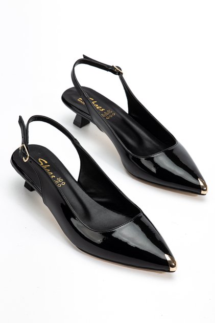 Women's Black Pointed Toe Iron Detailed Buckle Heeled Shoes
