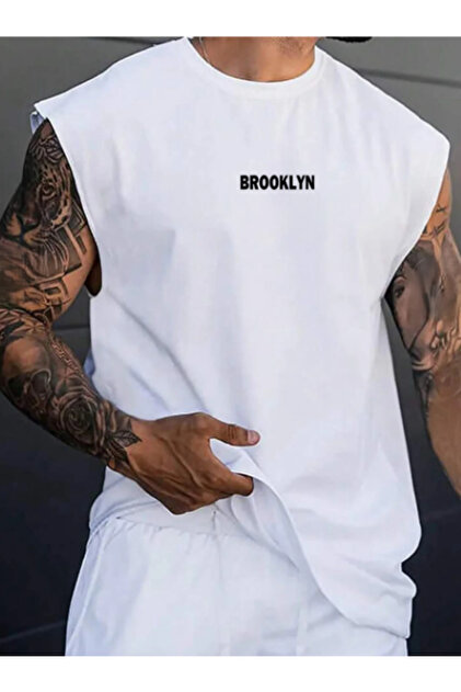 White Printed Men's Cotton Training Sports Athlete Tank Top Sleeveless T-Shirt