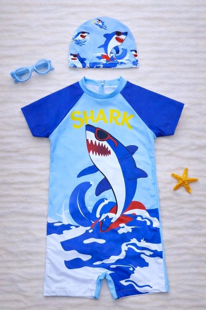 New Season Cute Character Printed Uv Protection Bonded Quick Dry Boys' Jumpsuit Swimsuit