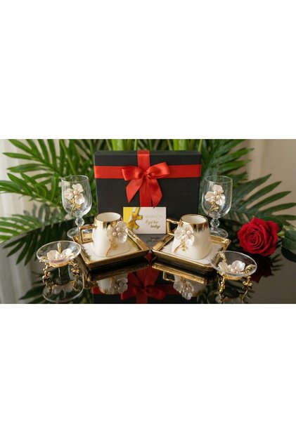 Special Gift Coffee Cup Set – 2-Person Presentation Set with Pearl Flower Detail in Special Box