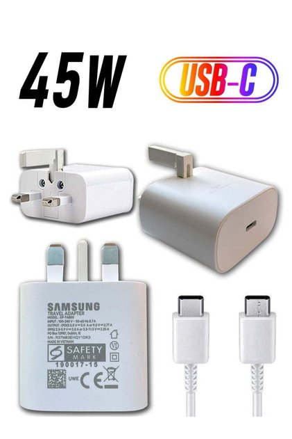 45W Samsung Super Fast Charging Adaptive UK Wall Plug and Type C to Type C Data Sync Cable/Lead For