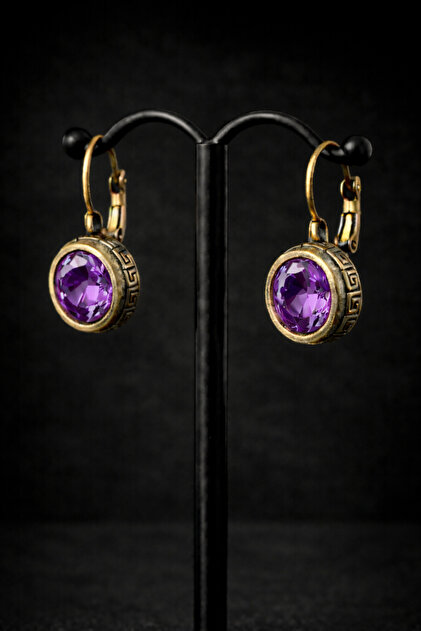 Women's Copper Earrings with Natural Purple Amethyst Stone, Minimal Model Hook Clip Earrings