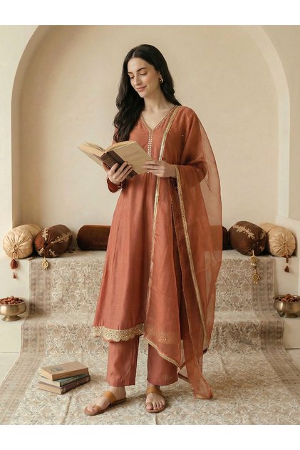 Orange V-Neck Zari Embroidered A-Line Kurta with Pants and Dupatta Set