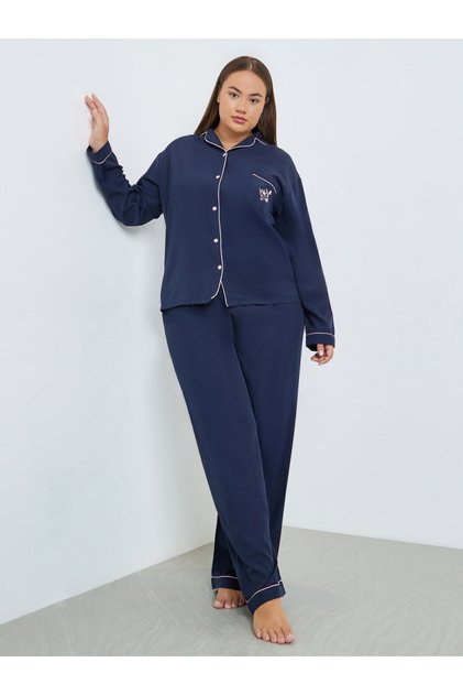 Plus Size Navy Blue Shirt and Pyjama Set
