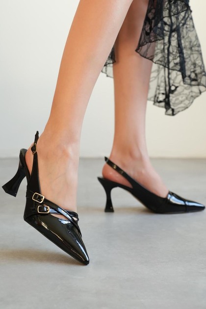 Lt111 Patent Leather Black 3Buckle Women's 7 cm Heeled Shoes