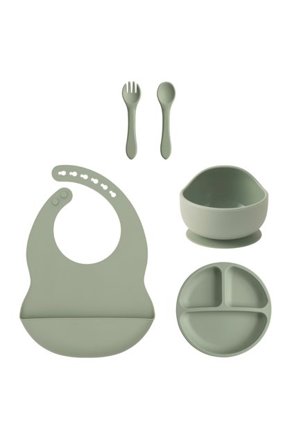 55-Sage Color Kids 5PCS Silicone Baby Feeding Set Suction Dishes Plate BPA Free Sucker Bowl Bib Spoo