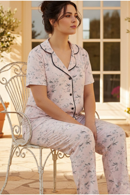 Pink Floral Patterned Large Size Oversize Buttoned Ribbed Viscose Knitted Pajamas Suit 26120966