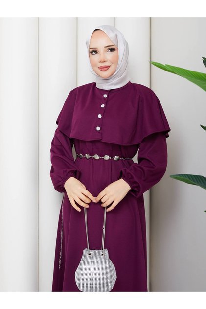 Crepe Dress with Crystal Belt and Stone Button Detail, Bolero Cape
