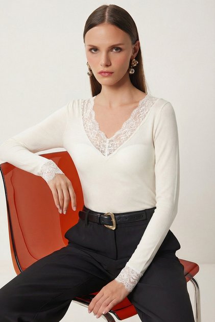 Lacy Transparent Knitted Blouse Lby0049 Ekru