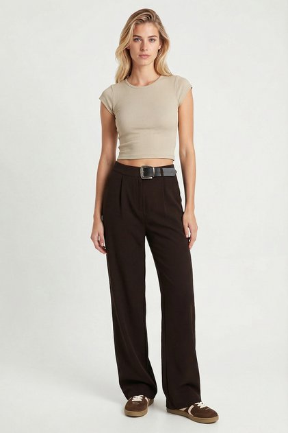 Belt Detailed Woven Palazzo Trousers Lby0044 Brown