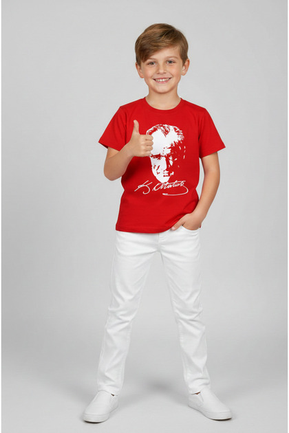 Boy's Ataturk Printed T-Shirt and White Linen Trousers Set for April 23Rd and Special Occasions
