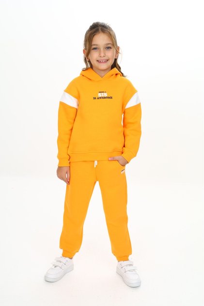 Girl's 2-Piece Set Printed College Collar Zippered Pocket Sweatshirt & Ribbed Waistband Jo