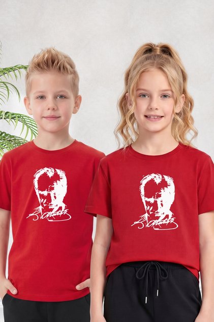 Single Atatürk, Signature and Flag Printed Short Sleeve Unisex Kids T-Shirt