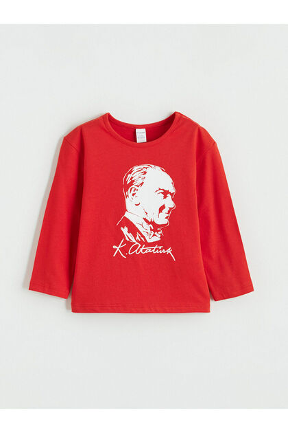 Red Crew Neck Ataturk Printed Girls' T-Shirt