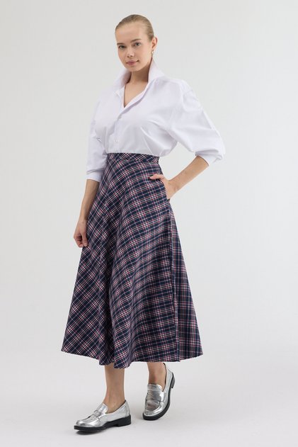 Navy Blue-Red Aura High Waist A-Line Plaid Midi Skirt
