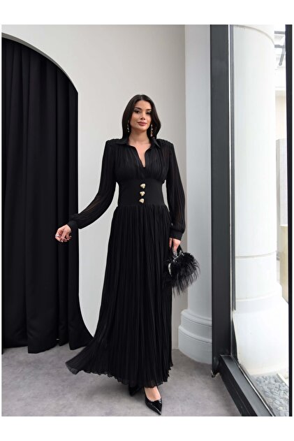 ESRAHELVACI V-Neck Pleated Maxi Dress- Trendyol