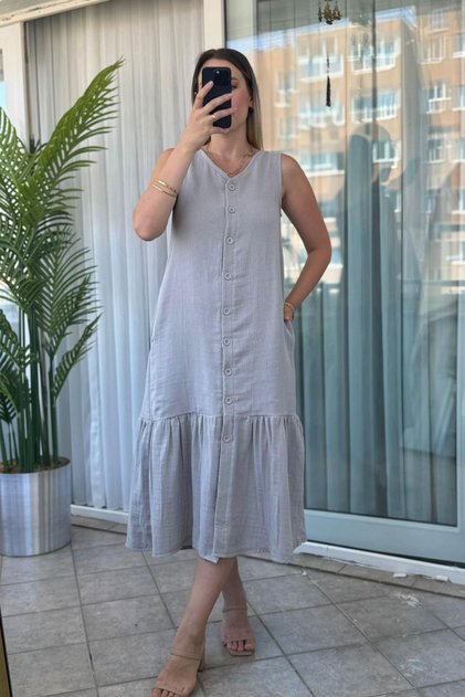 Front Buttoned Athlete Collar Gray Long Muslin Dress