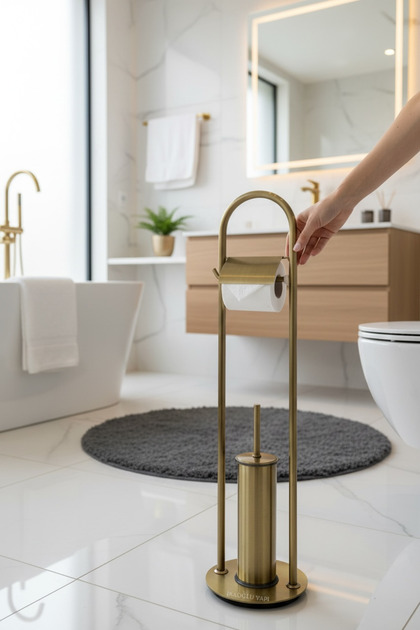 Antique Gold Toilet Paper Holder and Toilet Brush with Stand Bathroom Set Special Design Brass