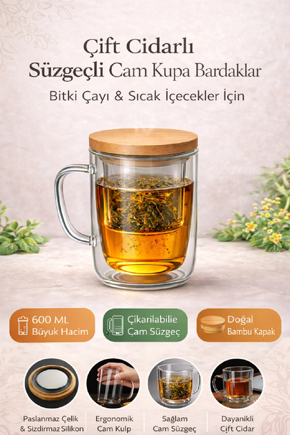 Süzgeçli Cam Kupa Bardak Çift Cidarlı Isı Yalıtımlı Bambu Kapaklı Bitki Çayı Fincanı Seti