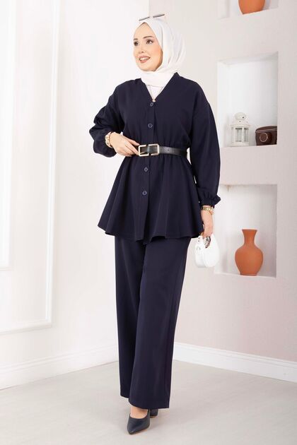 Silva Drawstring Waist Tunic Set Navy Blue