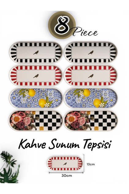 8 Pieces of Coffee Presentation Tray with Patterned Colors - Bird Patterned 30X13Cm