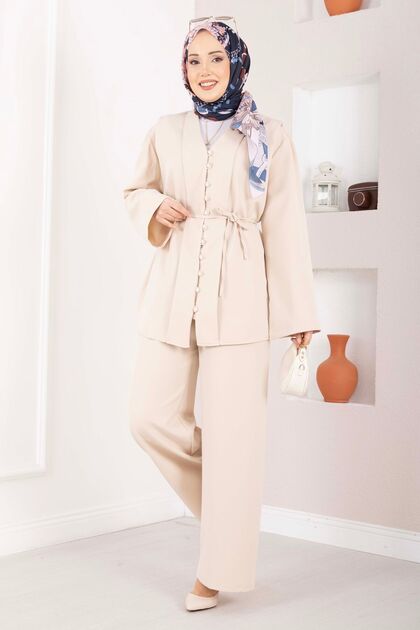 Brit Buttoned Belted Double Suit Beige