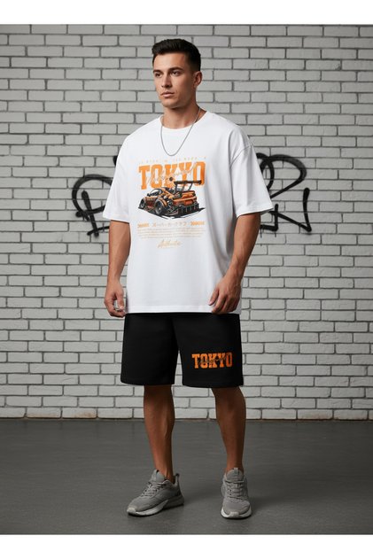 Men's White T-Shirt Black Shorts Basketball Printed 2-Piece Sports Set