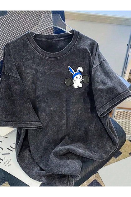 Μπλουζάκι Unisex Oversize με στάμπα κουνελιού με εφέ πλυμένου υφάσματος - Oversize μπλουζάκι Unisex με εφέ πλυμένου υφάσματος