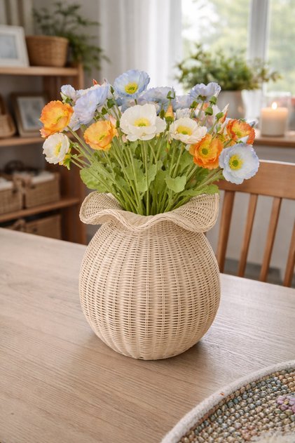 El Yapımı Rattan Vazo – Doğal Hasır Dekoratif Salon & Masa Üstü Vazo