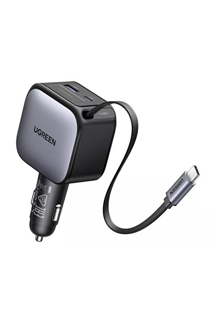 Incarcator auto 60W, cu cablu retractabil USB-C, 1x USB-C, 1x USB-A (Gri)