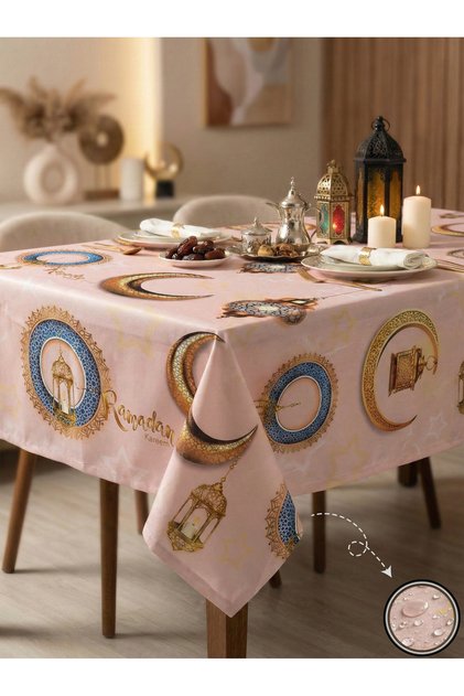 مفرش طاولة رمضان بطباعة رقمية خماسية الأبعاد - مقاوم للسوائل، مقاوم للبقع، قابل للغسل