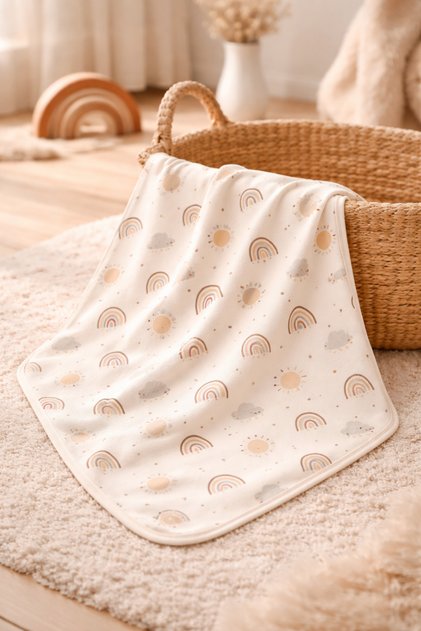 100% Cotton Combed Cotton Baby Blanket with Rainbow Sun and Cloud Pattern
