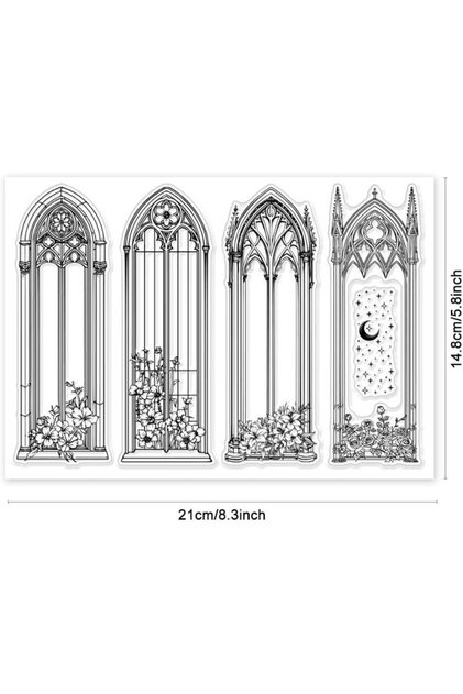 AECH06-00989 1Sheet Vintage Gothic Windows Clear Stamps Flower Bookmark Clear Stamps Sparkle Moon Si