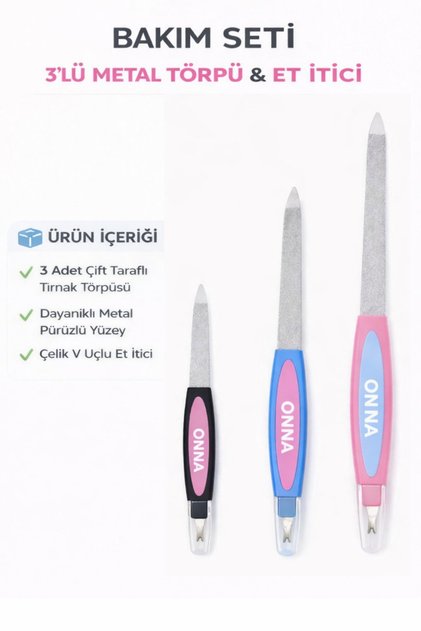 3’lü Metal Törpü Seti & Çelik V Uçlu Et İtici | Çift Taraflı Manikür Pedikür Tırnak Bakım Seti