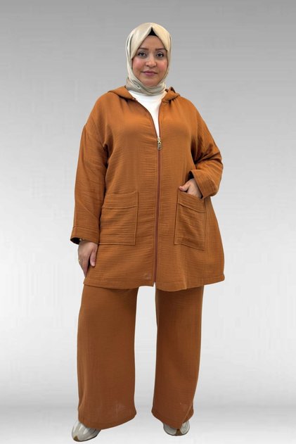 67035 Plus Size Hooded Zippered Muslin Pants Set - Cinnamon