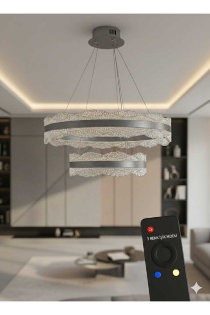 Gri Dağ Model 4Renk LED Kumandalı Modern Salon Avizesi(Beyaz Sarı Günışığı Gece Modu)