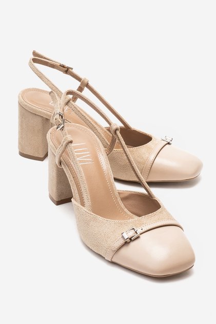 Desia Beige Suede Women's Thick Heeled Shoes