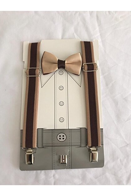 Brown-Beige Bow Tie Suspender Set Suitable for Ages 1-9