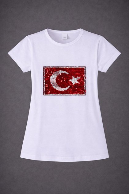 Kız Çocuk Tişört Badi Likralı Kalp Bayrak Kare Pulpayet