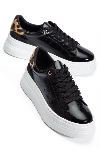 Women's Black Patent Leather Poly Sole Leopard Patterned Lace-Up High Sneakers