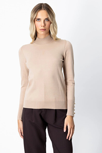 Women's Stand Collar Basic Beige Sweater 63514