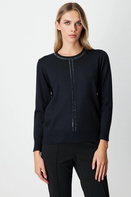 Women's Half Sleeve Collar and Front Stoned Black Sweater 65397