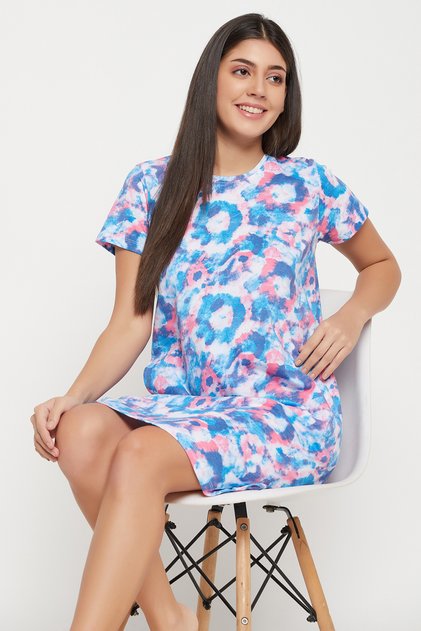 Tie-Dye Print Short Nighty in Sky Blue - 100% Cotton