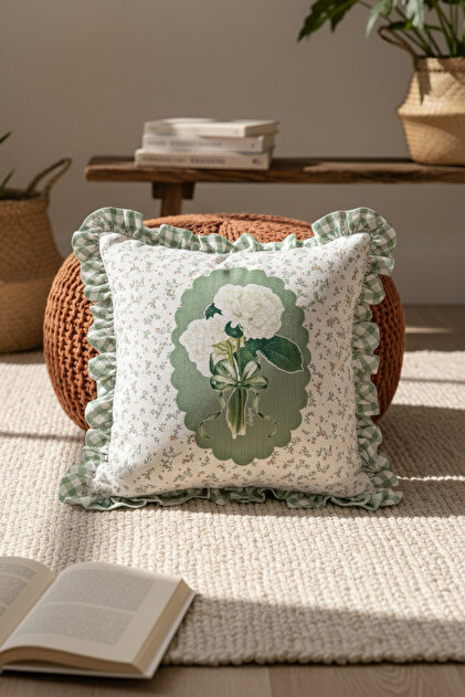 Green Hydrangea Bouquet Patterned Gingham Ruffled Throw Pillow Cover 1 Piece