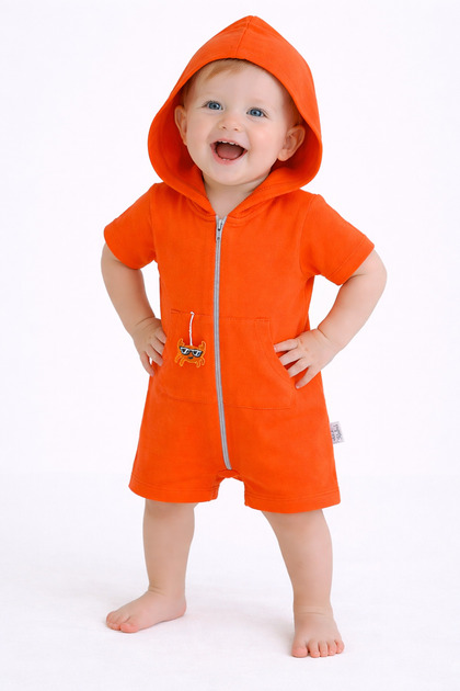 Unisex Baby Summer Hooded Jumpsuit Cotton Zippered Jumpsuit