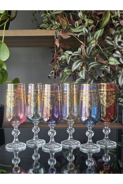El Yapımı Kristal Elizabet Karışık 24k Altın İşleme 6 Parça Sunumluk Kahve Yanı Su Bardağı 180Cc