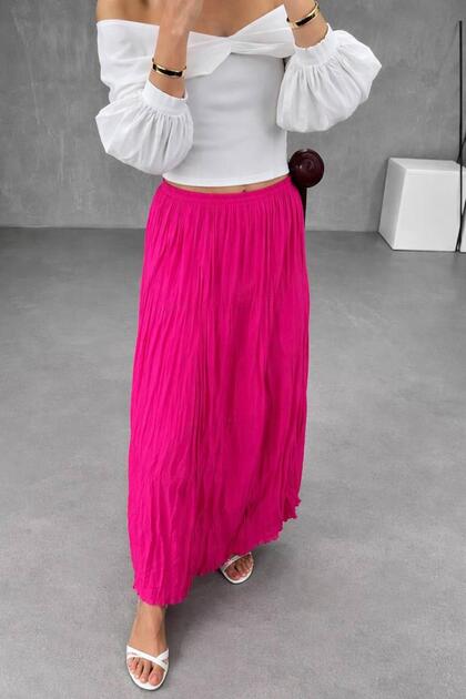 Women's Fuchsia Long Pleated Chiffon Skirt with Elastic Waist