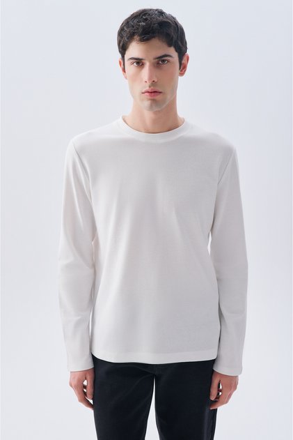 Men's White Ribbed Crew Neck Long Sleeve T-Shirt
