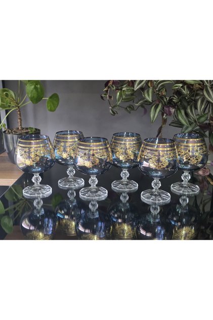 Handmade Crystal Elizabet Blue 24K Gold Engraved 6 Piece Presentation Cup Coffee Side Water Glass 250Cc